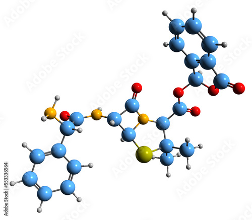  3D image of Talampicillin skeletal formula - molecular chemical structure of beta lactam antibiotic isolated on white background
 photo