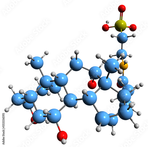  3D image of Taurocholic acid skeletal formula - molecular chemical structure of acidum cholatauricum isolated on white background photo
