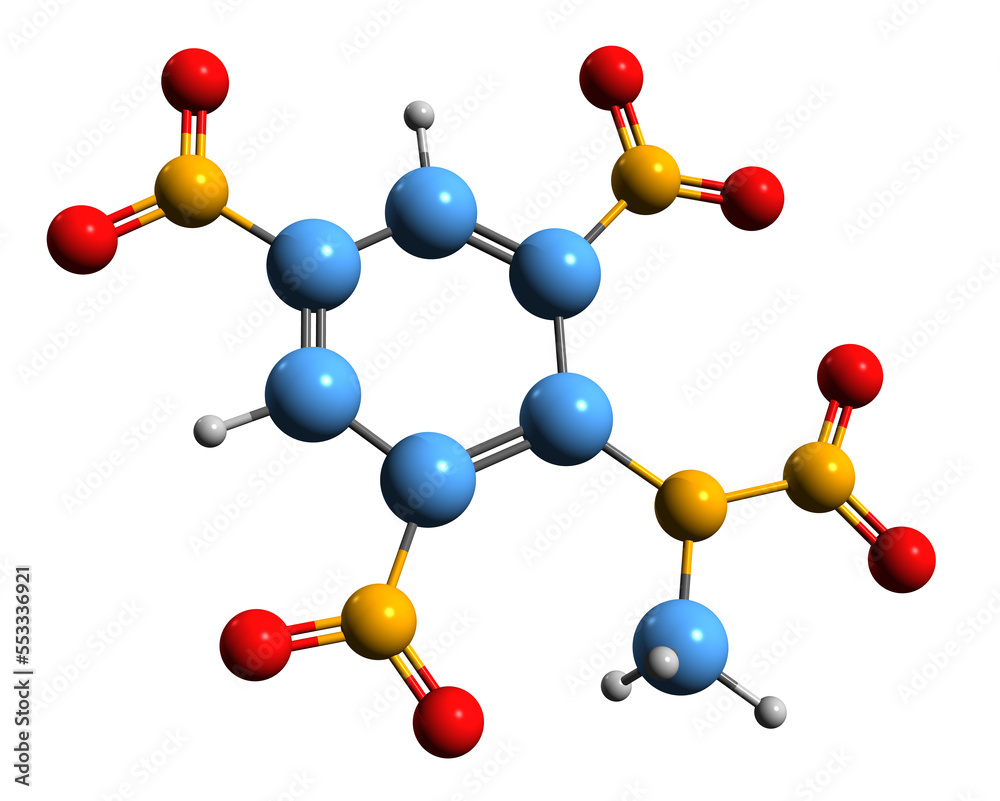 3D image of Tetryl skeletal formula - molecular chemical structure of Trinitrophenylmethylnitramine isolated on white background 3D image of Tetryl skeletal formula - molecular chemical structure of Trinitrophenylmethylnitramine isolated on white background
