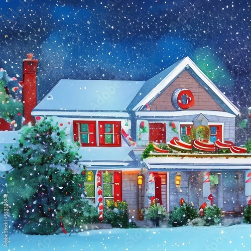 Winter Warmth – Feel the warmth and joy of a house on a cold winter day surrounded by snow. AI-generated Technology