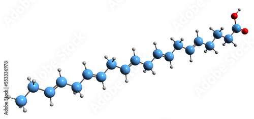  3D image of Eicosapentaenoic acid skeletal formula - molecular chemical structure of timnodonic acid omega-3 fatty acid  isolated on white background photo