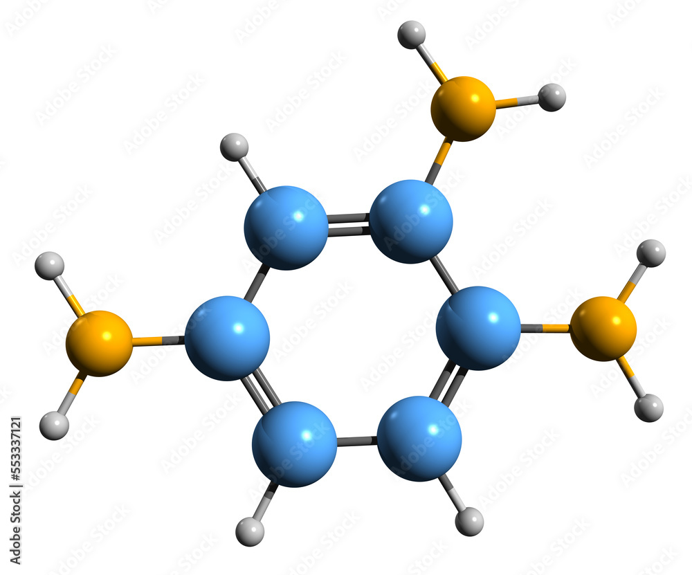 3D image of Triaminobenzene skeletal formula - molecular chemical structure of benzenetriamine isolated on white background 3D image of Triaminobenzene skeletal formula - molecular chemical structure of benzenetriamine isolated on white background