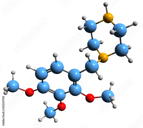  3D image of Trimetazidine skeletal formula - molecular chemical structure of trimethoxybenzyl piperazine isolated on white background photo