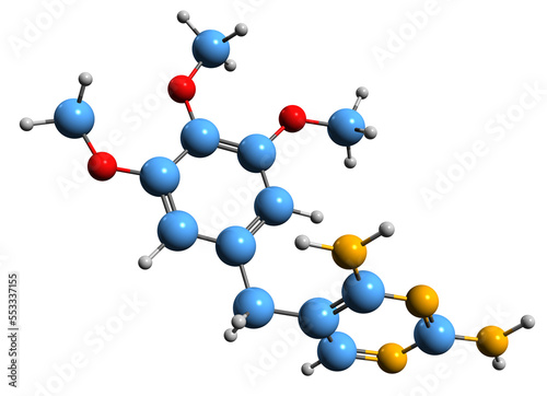  3D image of Trimethoprim skeletal formula - molecular chemical structure of  antibiotic TMP isolated on white background photo