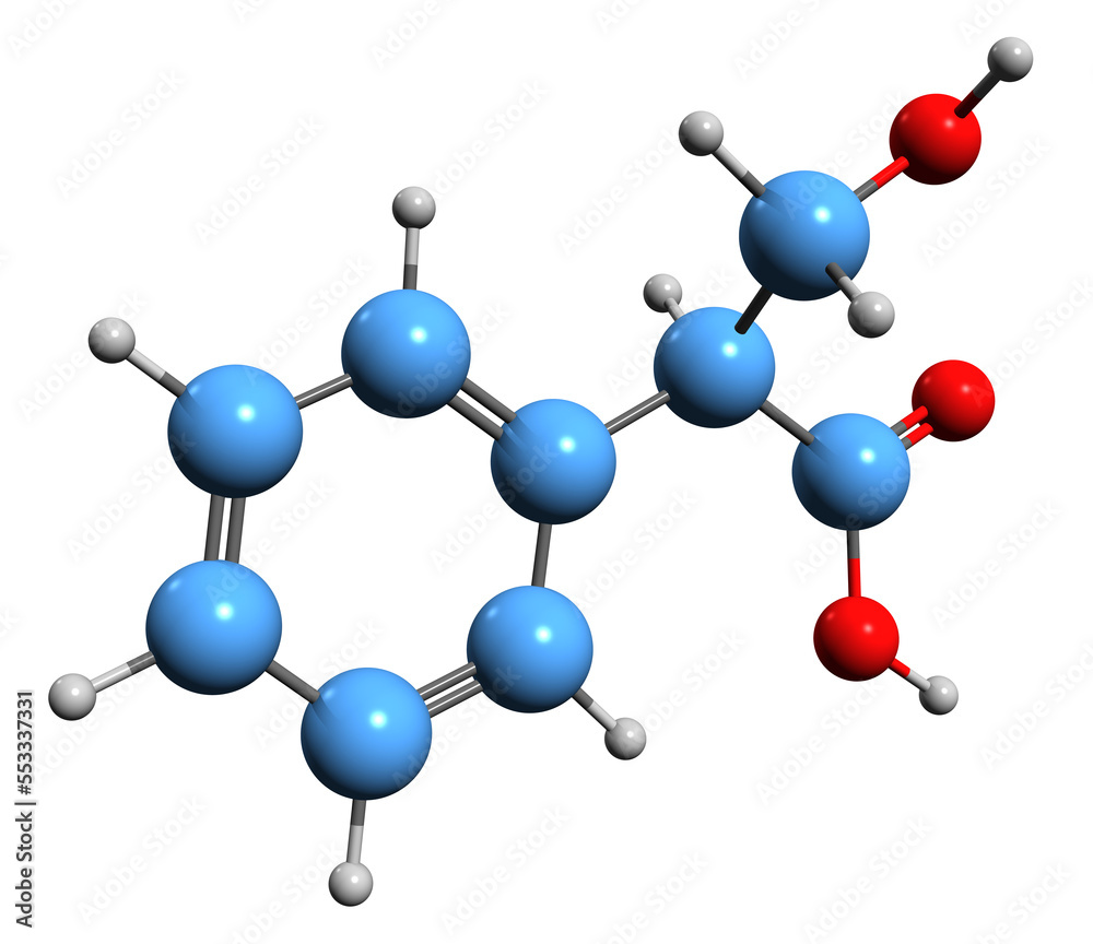 Obraz premium 3D image of Tropic acid skeletal formula - molecular chemical structure of 2-Phenylhydracrylic acid isolated on white background