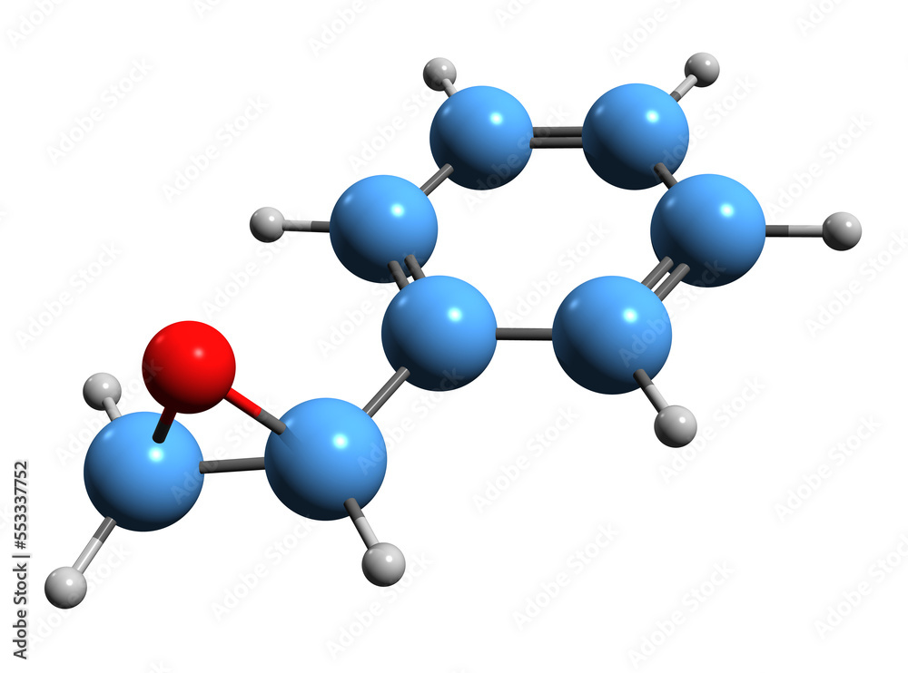 3D image of Styrene oxide skeletal formula - molecular chemical structure of Phenylethylene oxide isolated on white background 3D image of Styrene oxide skeletal formula - molecular chemical structure of Phenylethylene oxide isolated on white background