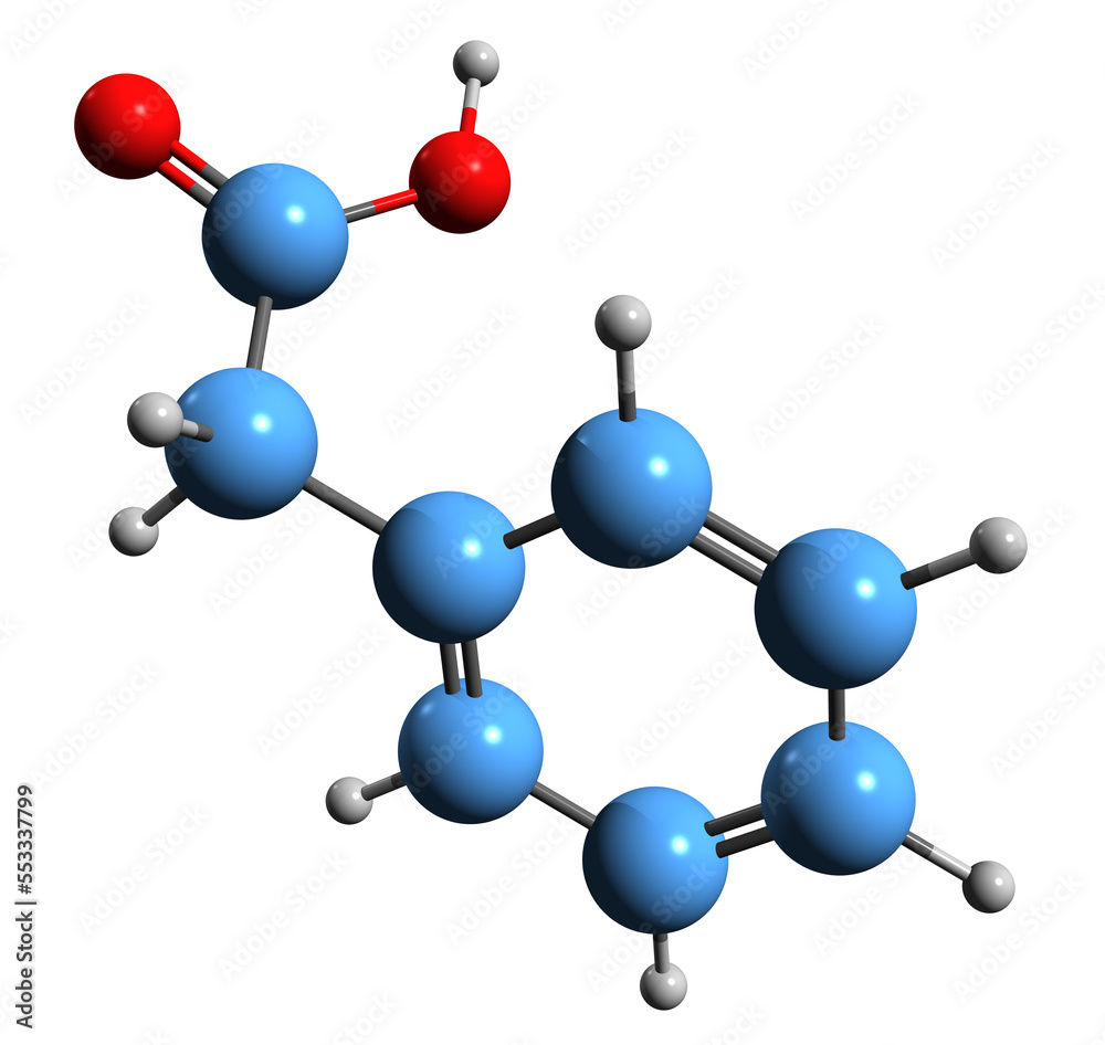  3D image of Phenylacetic acid skeletal formula - molecular chemical structure of Benzeneacetic acid isolated on white background