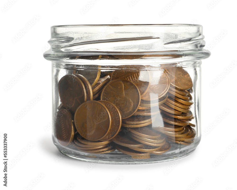 Glass jar with coins isolated on white Glass jar with coins isolated on white