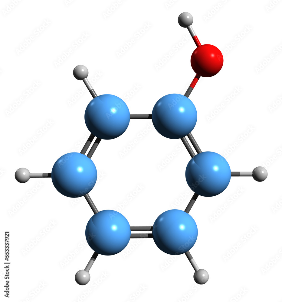 3D image of Phenol skeletal formula - molecular chemical structure of carbolic acid isolated on white background 3D image of Phenol skeletal formula - molecular chemical structure of carbolic acid isolated on white background