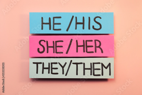 Sheets of paper with pronouns on pink background, flat lay. Gender equality