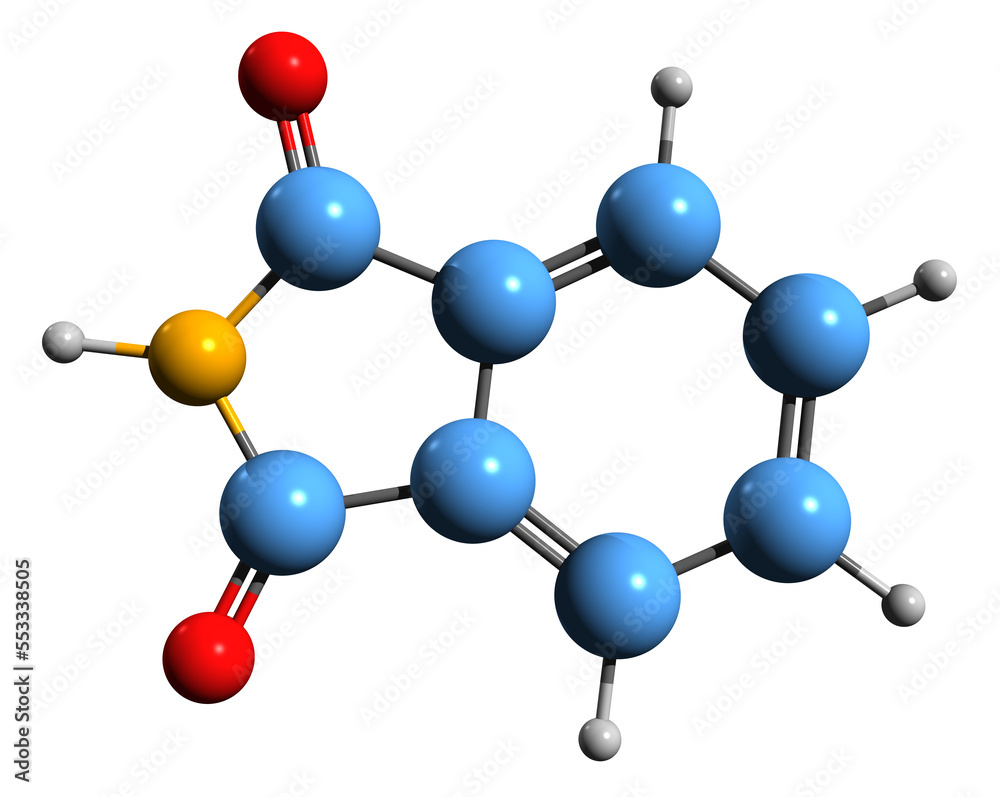 3D image of Phthalimide skeletal formula - molecular chemical structure of dioxoisoindoline isolated on white background 3D image of Phthalimide skeletal formula - molecular chemical structure of dioxoisoindoline isolated on white background