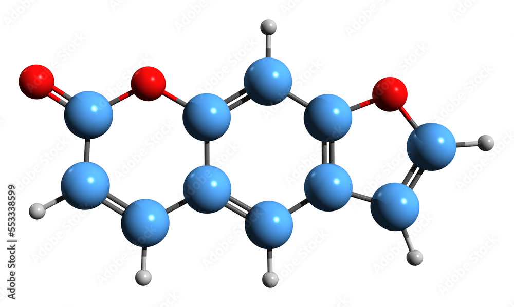 Obraz premium 3D image of Psoralen skeletal formula - molecular chemical structure of furanocoumarin isolated on white background 