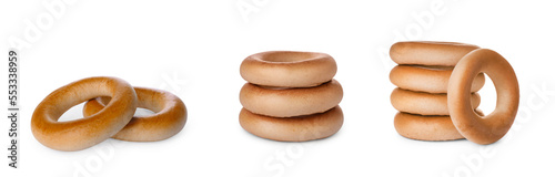 Collage with delicious ring shaped Sushki (dry bagels) on white background. Banner design photo