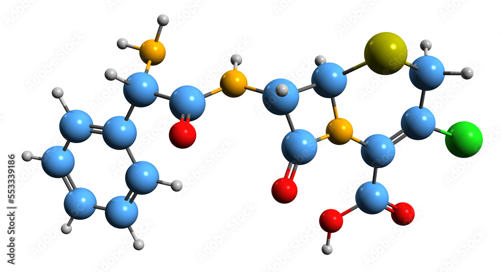 3D image of Cefaclor skeletal formula - molecular chemical structure of cephalosporin antibiotic isolated on white background 3D image of Cefaclor skeletal formula - molecular chemical structure of cephalosporin antibiotic isolated on white background