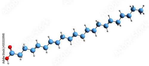  3D image of Docosahexaenoic acid skeletal formula - molecular chemical structure of omega-3 fatty acid doconexent isolated on white background photo