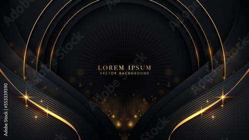 Luxury golden circle ring glowing with gold ribbon, glitter light effect and bokeh decoration on black background