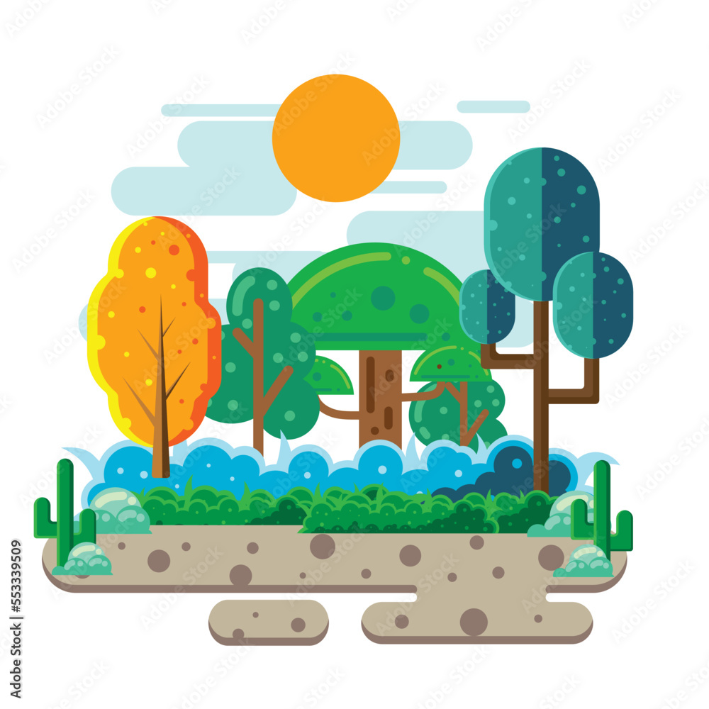 Colorful tropical forest with flat design illustration