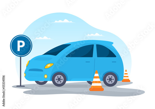 Driving School with Education Process of Car Training and Learning to Drive to Get Drivers License in Flat Cartoon Hand Drawn Templates Illustration