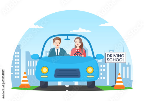Driving School with Education Process of Car Training and Learning to Drive to Get Drivers License in Flat Cartoon Hand Drawn Templates Illustration