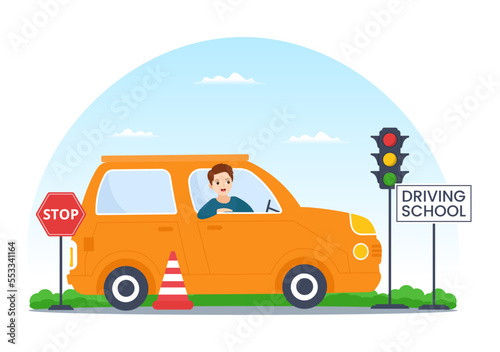Driving School with Education Process of Car Training and Learning to Drive to Get Drivers License in Flat Cartoon Hand Drawn Templates Illustration
