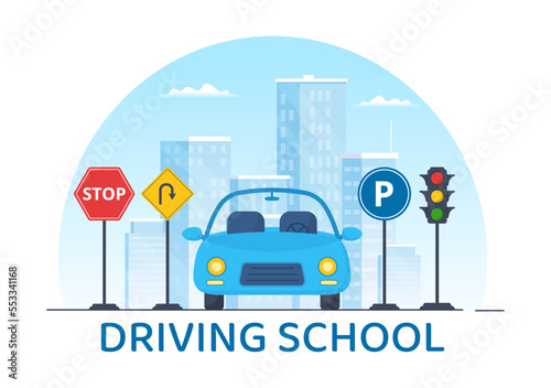 Driving School with Education Process of Car Training and Learning to Drive to Get Drivers License in Flat Cartoon Hand Drawn Templates Illustration