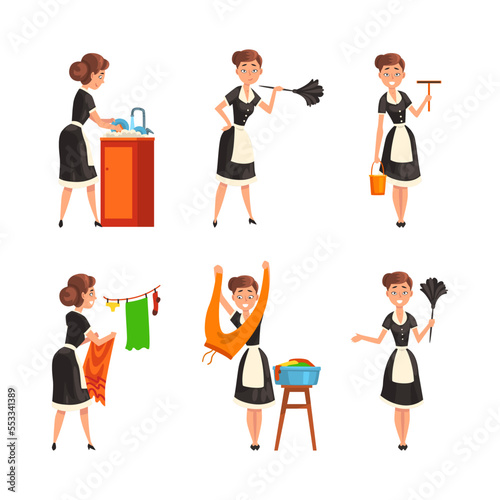 Smiling Maid or Housemaid in Black Dress and White Apron Dusting, Washing Dishes and Hanging Laundry Vector Set