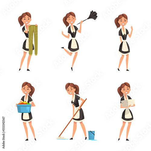 Smiling Maid or Housemaid in Black Dress and White Apron Dusting, Mopping the Floor and Doing Laundry Vector Set