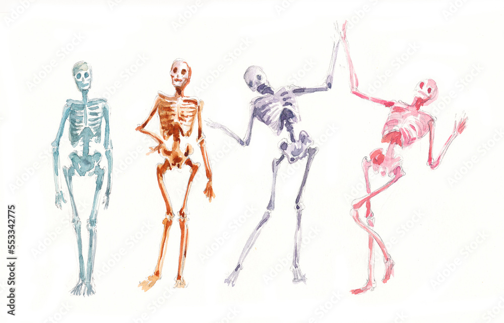 Watercolor sketches of cheerful multicolored dancing skeletons on a white background.