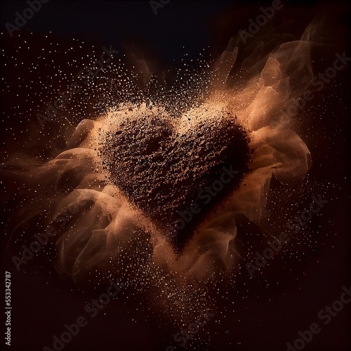 Sand dust heart isolated on black background. Love and passion symbolic artistic illustration. Decorative desert sand particles valentine heart poster.