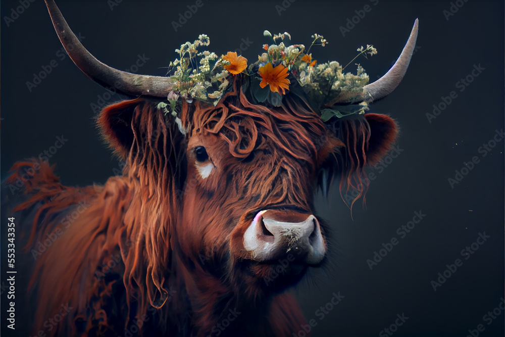 brown highland cow with flowers on it's head generative art - obrazy, fototapety, plakaty 