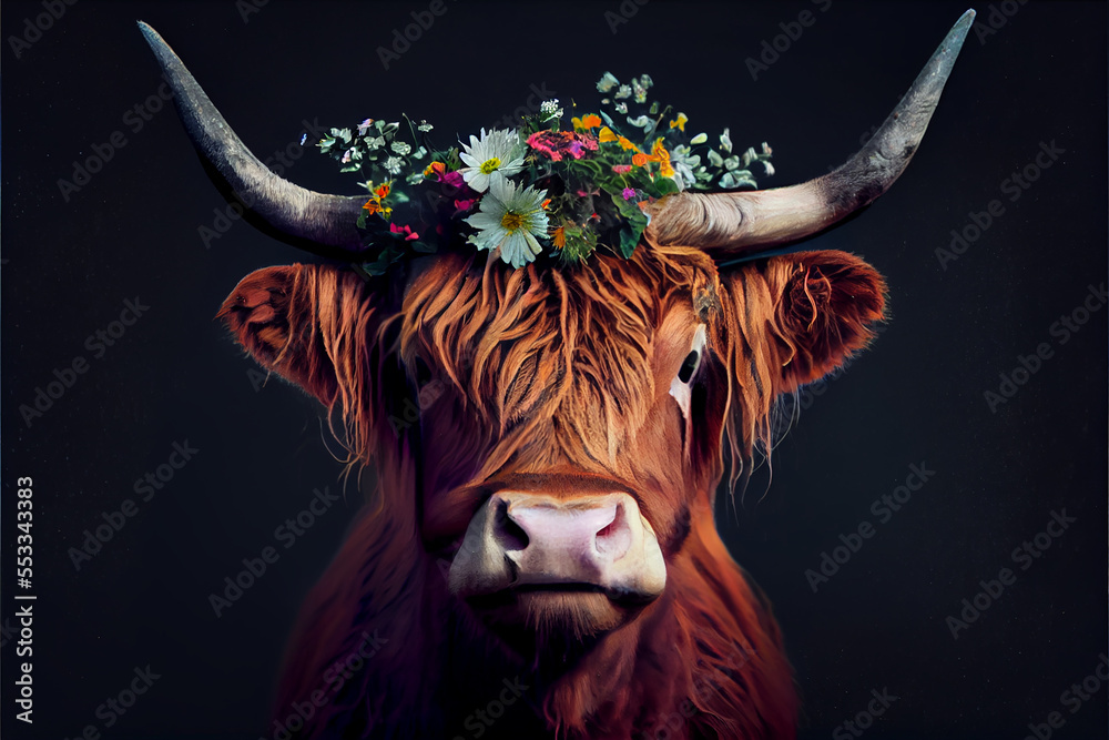 brown highland cow with flowers on it's head generative art - obrazy, fototapety, plakaty 