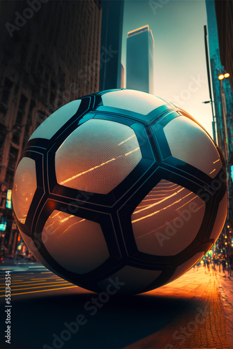 Gigantic Football / Soccer Ball in the city. Gold. AI Art