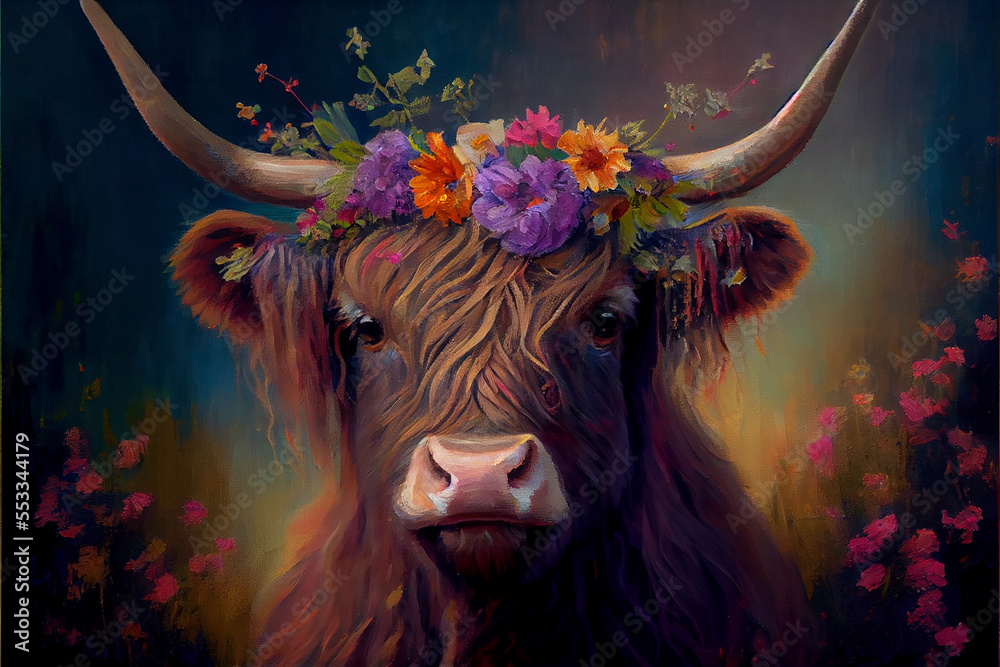 Highland cow with flowers in its hair generative art Stock Illustration