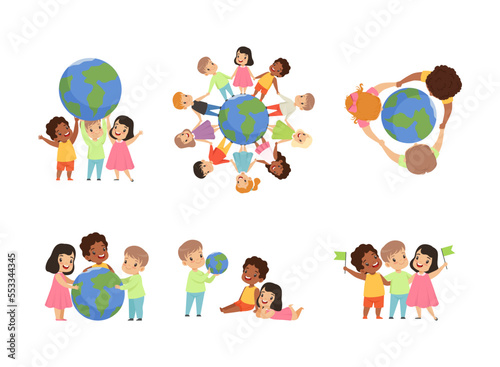 Earth Globe Day with Happy Kids and Sphere as Green Planet Protection Vector Set
