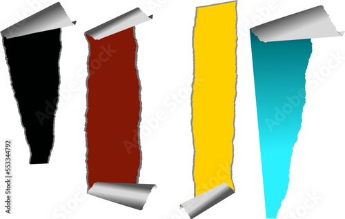 set of holes in white paper with torn sides over. Print colors on the ripped paper. Paper background with print colors and ripped paper. Vector illustration. 