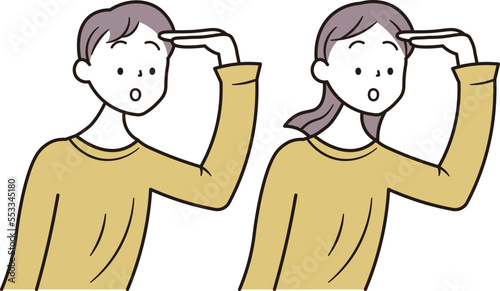 遠くを見ているアジア人の男性と女性のイラスト素材