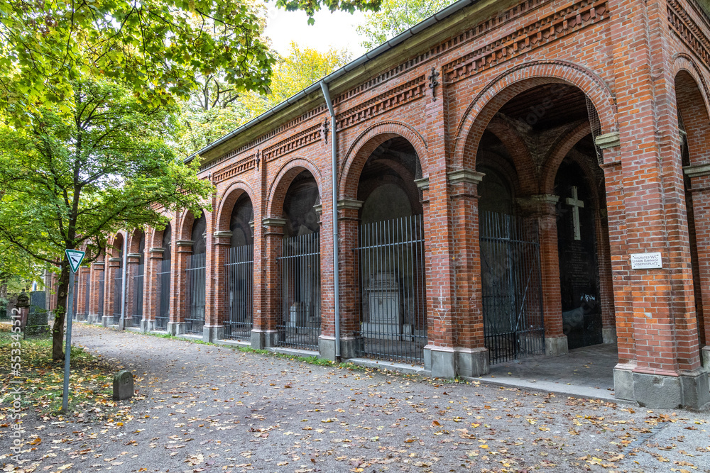 View of famous Old North Cemetery of Munich, Germany with historic gravestones.