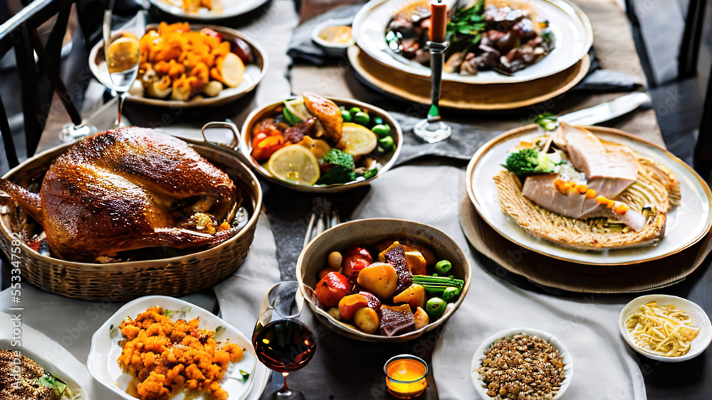 thanksgiving country dinner, Christmas dinner, Thanksgiving, Turkey, Generative AI