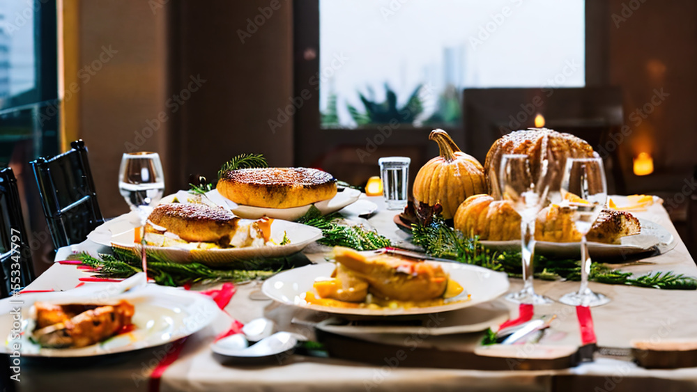 thanksgiving country dinner, Christmas dinner, Thanksgiving, Turkey, Generative AI