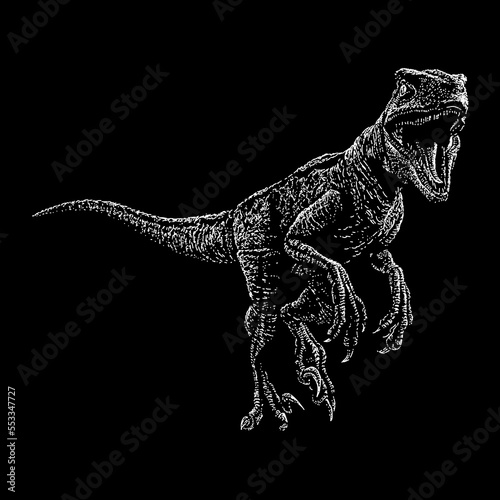 Velociraptor hand drawing vector isolated on black background.