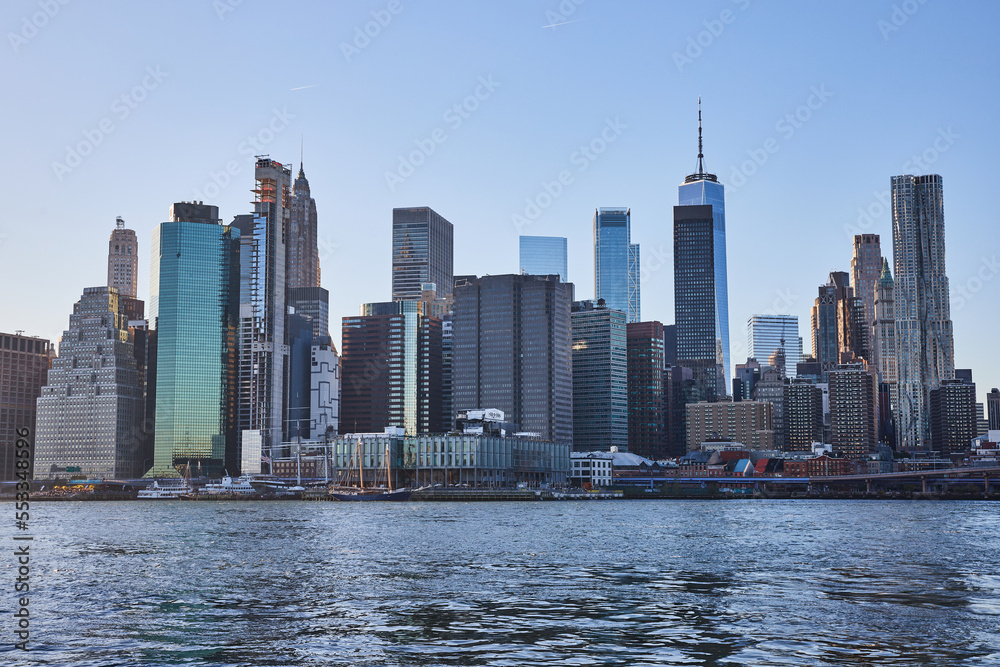 New York City skyline along water viewed from Brooklyn