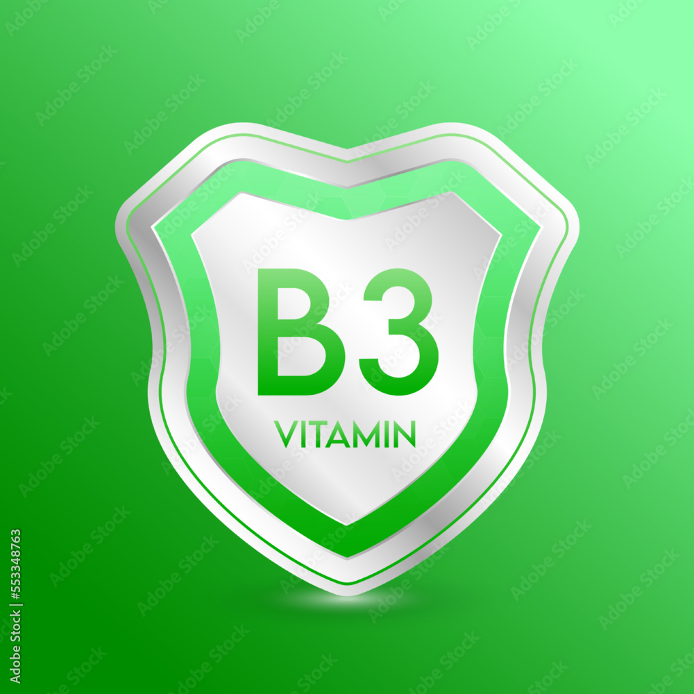 Vitamin B3 shield green. Protect the body stay healthy. For nutrition products food. Metal aluminum label 3d isolated realistic on solid background. Medical scientific concepts. Vector illustration. Vitamin B3 shield green. Protect the body stay healthy. For nutrition products food. Metal aluminum label 3d isolated realistic on solid background. Medical scientific concepts. Vector illustration.