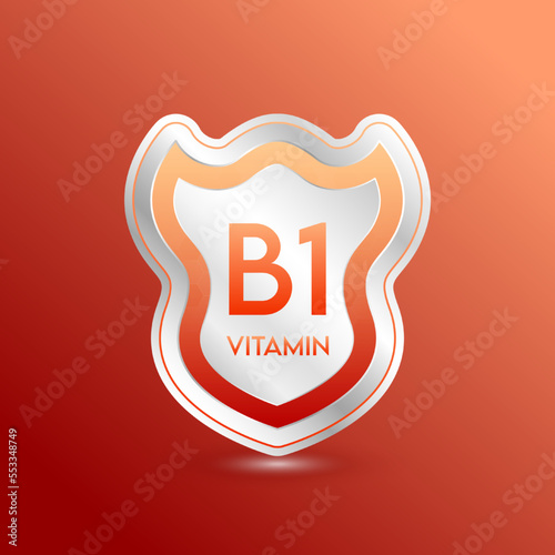 Vitamin B1 shield orange. Protect the body stay healthy. For nutrition products food. Metal aluminum label 3d isolated realistic on solid background. Medical scientific concepts. Vector illustration.