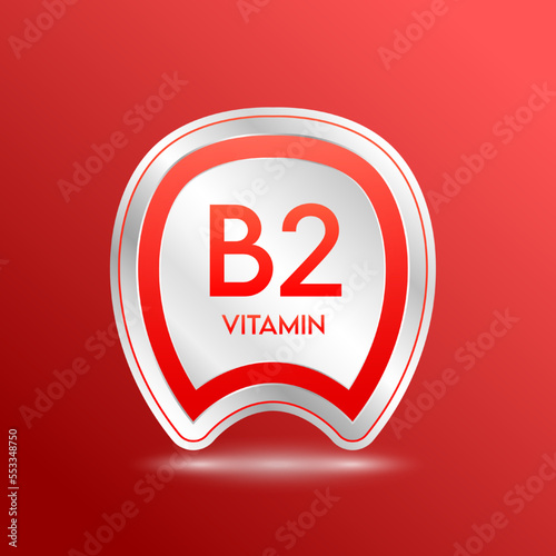 Vitamin B2 shield red. Protect the body stay healthy. For nutrition products food. Metal aluminum label 3d isolated realistic on solid background. Medical scientific concepts. Vector illustration.
