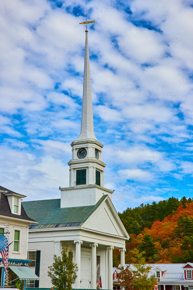 Small town white steeple Christian Church during fall Small town white steeple Christian Church during fall