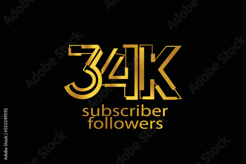 34K, 34.000 subscribers or followers blocks style with gold color on black background for social media and internet-vector