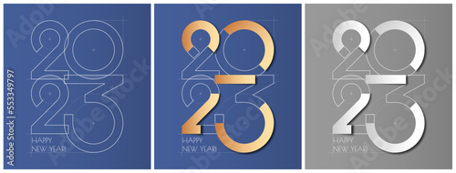 2023 Happy New Year postcard set with Christmas tree decoration, draft design. 2023 template banner set for new year. Merry Christmas and Happy New Year 2023 vector illustration