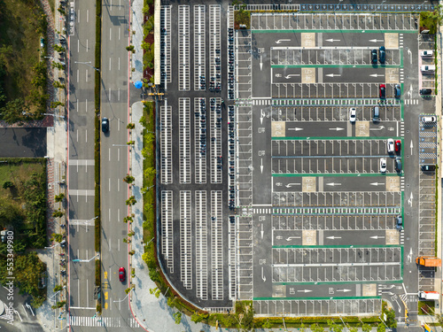 Parking lot at shopping plaza. Drone point of view. photo