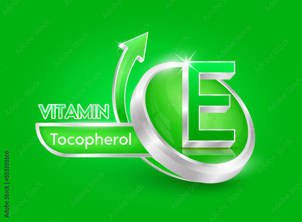 Vitamin E in circle shape green with arrow. Used for designing dietary supplements or beauty products. Medical concepts. Isolated 3d icon. Vector EPS10 illustration. Vitamin E in circle shape green with arrow. Used for designing dietary supplements or beauty products. Medical concepts. Isolated 3d icon. Vector EPS10 illustration.