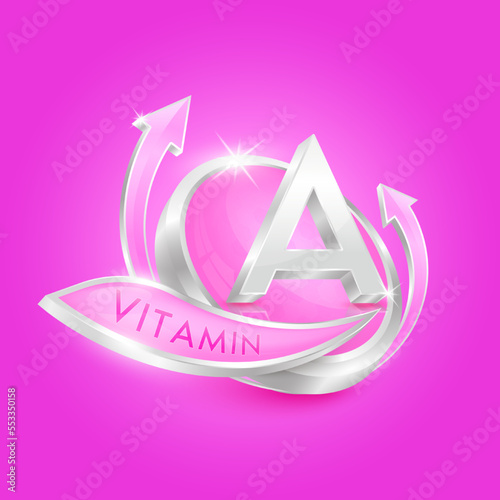 Vitamin A in circle shape pink with arrow. Used for designing dietary supplements or beauty products. Medical scientific concepts. Isolated 3d icon. Vector EPS10 illustration.